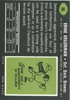 1969 Topps #96 - Ernie Kellerman - Cleveland Browns - Back