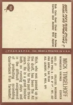 1967 Philadelphia #107 - Mick Tingelhoff - Minnesota Vikings - Back