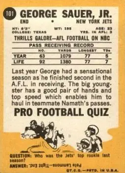 1967 Topps #101 - George Sauer - New York Jets - Back