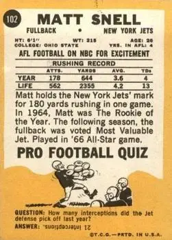 1967 Topps #102 - Matt Snell - New York Jets - Back 1967 Topps #102 - Matt Snell - New York Jets - Back