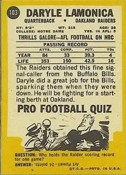 1967 Topps #103 - Daryle Lamonica - Oakland Raiders - Back 1967 Topps #103 - Daryle Lamonica - Oakland Raiders - Back