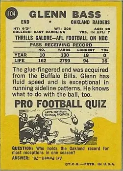 1967 Topps #104 - Glenn Bass - Oakland Raiders - Back 1967 Topps #104 - Glenn Bass - Oakland Raiders - Back