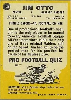 1967 Topps #105 - Jim Otto - Oakland Raiders - Back