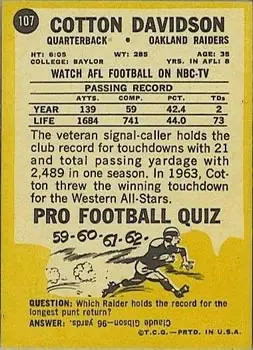 1967 Topps #107 - Cotton Davidson - Oakland Raiders - Back