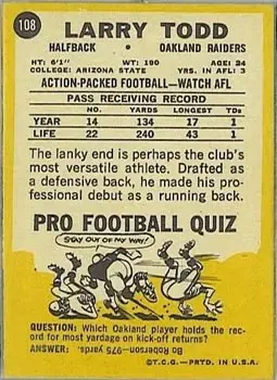 1967 Topps #108 - Larry Todd - Oakland Raiders - Back 1967 Topps #108 - Larry Todd - Oakland Raiders - Back