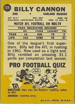 1967 Topps #109 - Billy Cannon - Oakland Raiders - Back