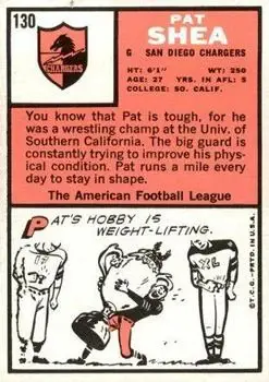 1966 Topps #130 - Pat Shea - San Diego Chargers - Back