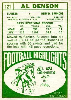 1968 Topps #121 - Al Denson - Denver Broncos 1968 Topps #121 - Al Denson - Denver Broncos