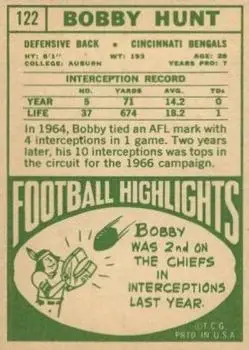 1968 Topps #122 - Bobby Hunt - Cincinnati Bengals - Back 1968 Topps #122 - Bobby Hunt - Cincinnati Bengals - Back