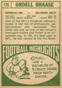 1968 Topps #126 - Ordell Braase - Baltimore Colts - Back