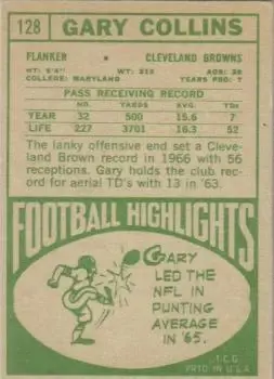 1968 Topps #128 - Gary Collins - Cleveland Browns - Back