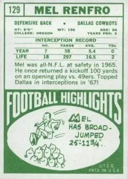 1968 Topps #129 - Mel Renfro - Dallas Cowboys - Back