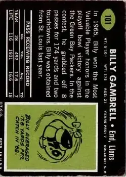 1969 Topps #101 - Billy Gambrell - Detroit Lions - Back