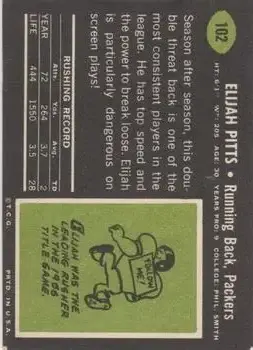 1969 Topps #102 - Elijah Pitts - Green Bay Packers - Back
