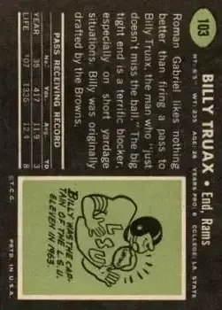 1969 Topps #103 - Billy Truax - Los Angeles Rams - Back