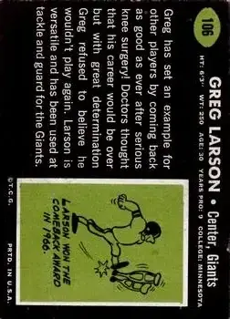 1969 Topps #106 - Greg Larson - New York Giants - Back