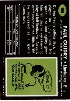 1969 Topps #109 - Paul Guidry - Buffalo Bills - Back