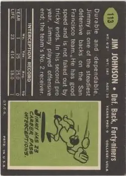 1969 Topps #113 - Jim Johnson - San Francisco 49ers - Back