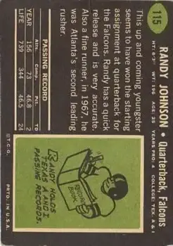1969 Topps #115 - Randy Johnson - Atlanta Falcons - Back