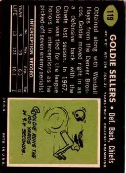 1969 Topps #119 - Goldie Sellers - Kansas City Chiefs - Back