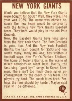 1967 Philadelphia #120 - Card #120 - New York Giants - Back 1967 Philadelphia #120 - Card #120 - New York Giants - Back