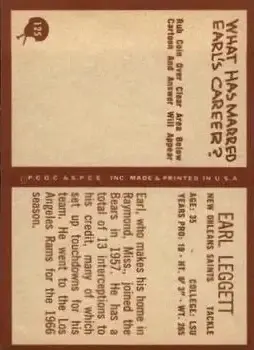 1967 Philadelphia #125 - Earl Leggett - New Orleans Saints - Back