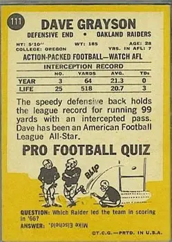 1967 Topps #111 - Dave Grayson - Oakland Raiders - Back