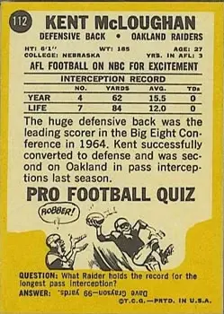 1967 Topps #112 - Kent McCloughan - Oakland Raiders - Back