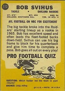 1967 Topps #113 - Bob Svihus - Oakland Raiders - Back 1967 Topps #113 - Bob Svihus - Oakland Raiders - Back