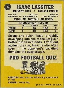 1967 Topps #114 - Isaac Lassiter - Oakland Raiders - Back