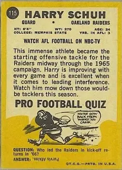 1967 Topps #115 - Harry Schuh - Oakland Raiders - Back