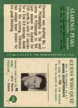 1966 Philadelphia #154 - Clarence Peaks - Pittsburgh Steelers - Back 1966 Philadelphia #154 - Clarence Peaks - Pittsburgh Steelers - Back