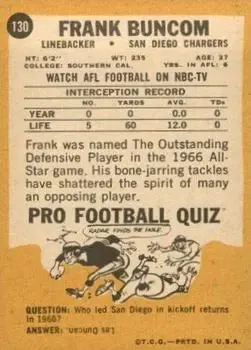 1967 Topps #130 - Frank Buncom - San Diego Chargers - Back