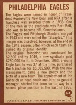 1967 Philadelphia #144 - Card #144 - Philadelphia Eagles - Back 1967 Philadelphia #144 - Card #144 - Philadelphia Eagles - Back