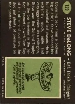 1969 Topps #129 - Steve DeLong - San Diego Chargers - Back 1969 Topps #129 - Steve DeLong - San Diego Chargers - Back
