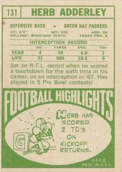 1968 Topps #131 - Herb Adderley - Green Bay Packers - Back