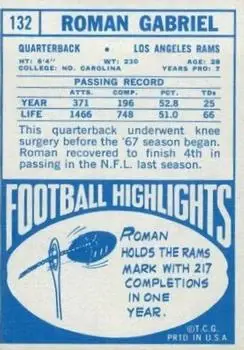1968 Topps #132 - Roman Gabriel - Los Angeles Rams - Back