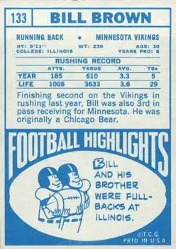 1968 Topps #133 - Bill Brown - Minnesota Vikings - Back