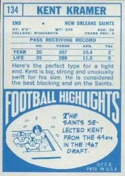 1968 Topps #134 - Kent Kramer - New Orleans Saints - Back