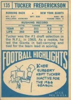 1968 Topps #135 - Tucker Frederickson - New York Giants - Back