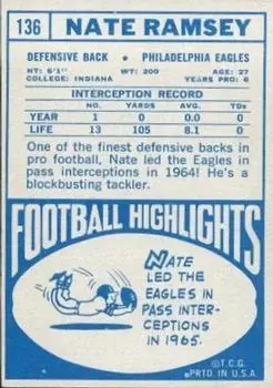 1968 Topps #136 - Nate Ramsey - Philadelphia Eagles - Back