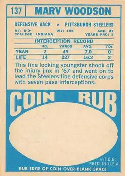 1968 Topps #137 - Marv Woodson - Pittsburgh Steelers - Back