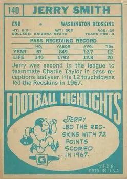 1968 Topps #140 - Jerry Smith - Washington Redskins - Back 1968 Topps #140 - Jerry Smith - Washington Redskins - Back
