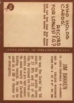 1967 Philadelphia #158 - Jim Bakken - St. Louis Cardinals - Back