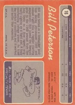 1970 Topps #16 - Bill Peterson - Cincinnati Bengals - Back
