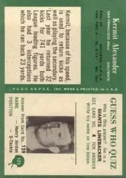 1966 Philadelphia #171 - Kermit Alexander - San Francisco 49ers - Back