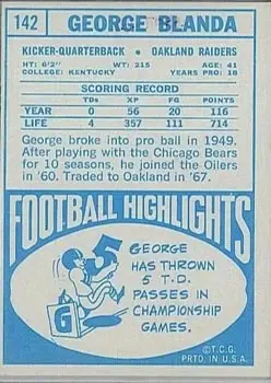 1968 Topps #142 - George Blanda - Oakland Raiders - Back