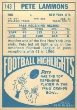 1968 Topps #143 - Pete Lammons - New York Jets - Back