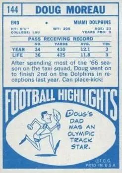 1968 Topps #144 - Doug Moreau - Miami Dolphins - Back