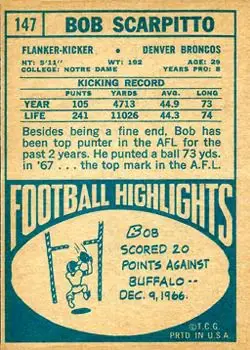 1968 Topps #147 - Bob Scarpitto - Denver Broncos 1968 Topps #147 - Bob Scarpitto - Denver Broncos